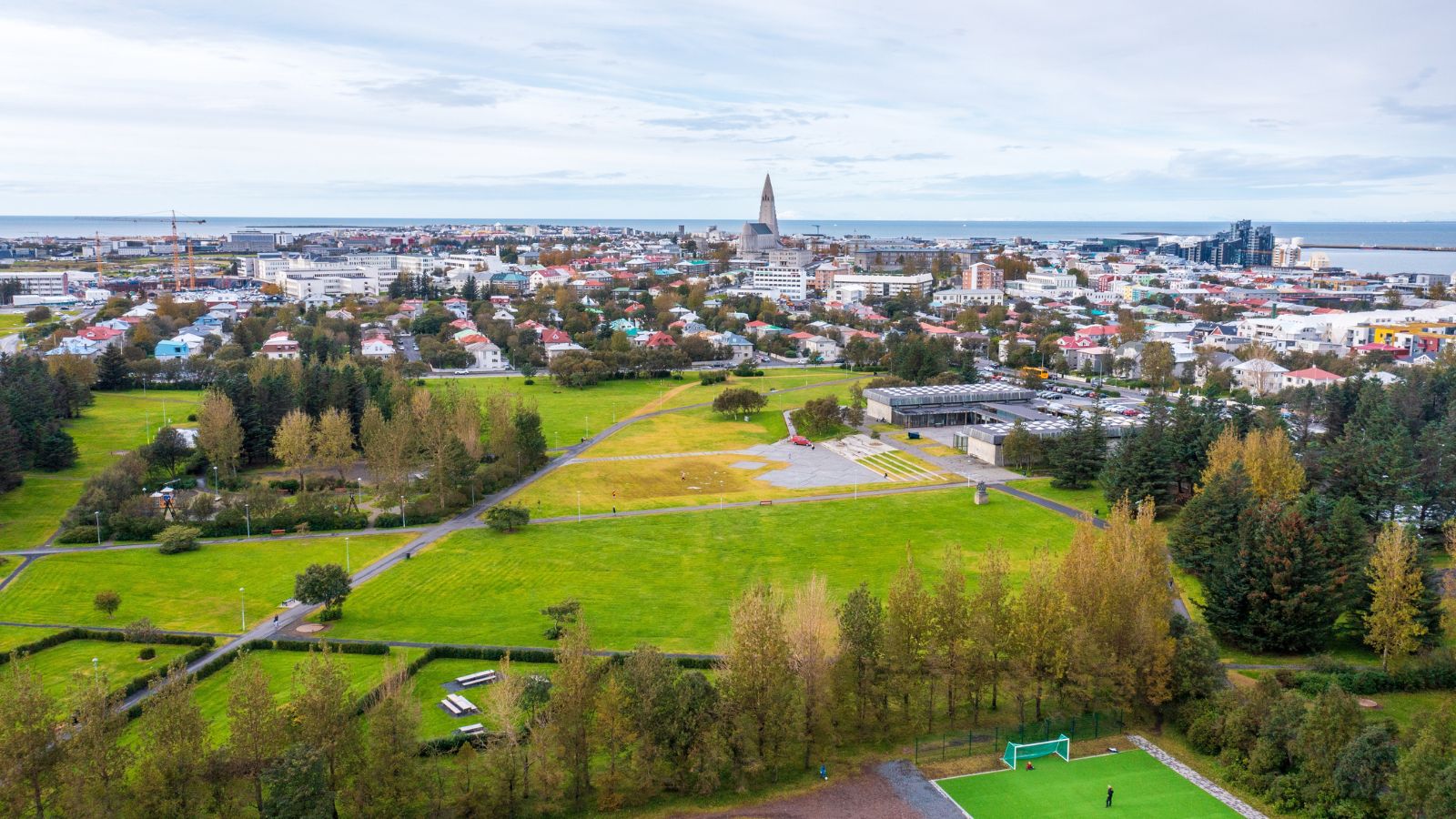 Aerial photo of Klambratún Park in Reykjavík.