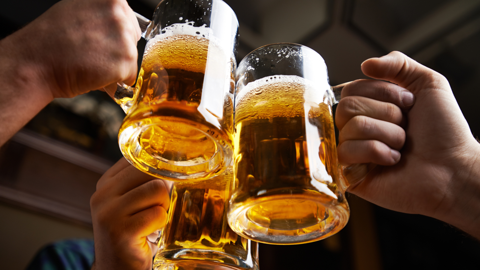 Group of people holding tankards of beer together in a pub.